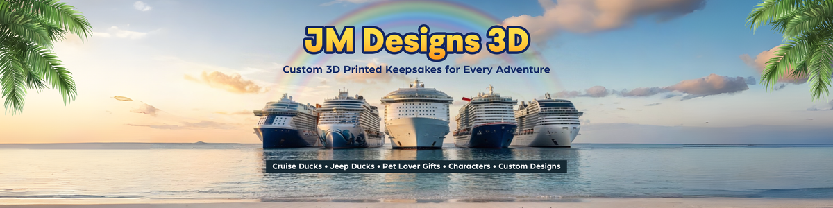 JM Designs 3D: Custom 3D Printed Keepsakes for Every Adventure, with cruise ships beneath a rainbow.