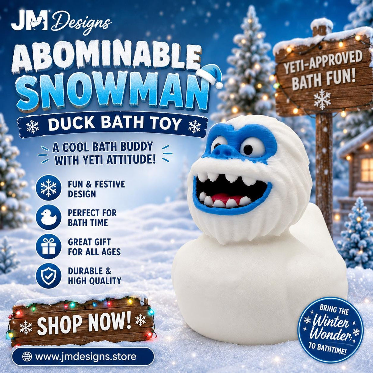 Front view of a white 3D printed Yeti duck with a blue face and a toothy smile.