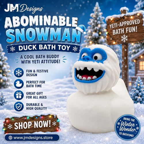 Front view of a white 3D printed Yeti duck with a blue face and a toothy smile.