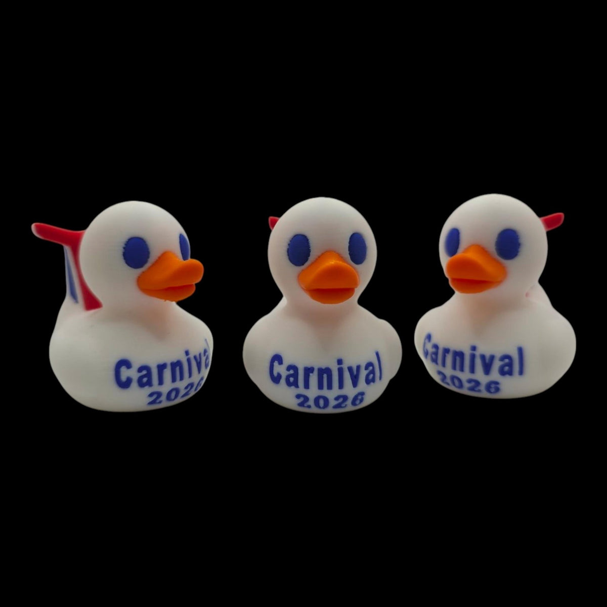 White Carnival-inspired cruise duck shown from the front between two inward-facing side profiles. - JM Designs