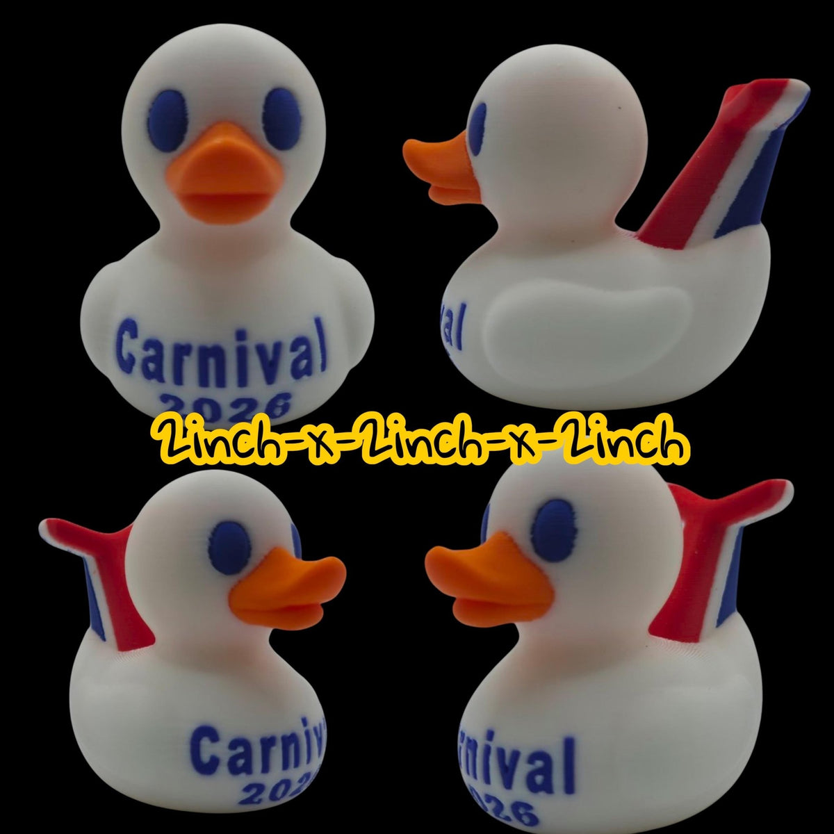 Four-view collage of a white Carnival-inspired 3D printed duck with an orange beak and red-and-blue whale tail.- JM Designs