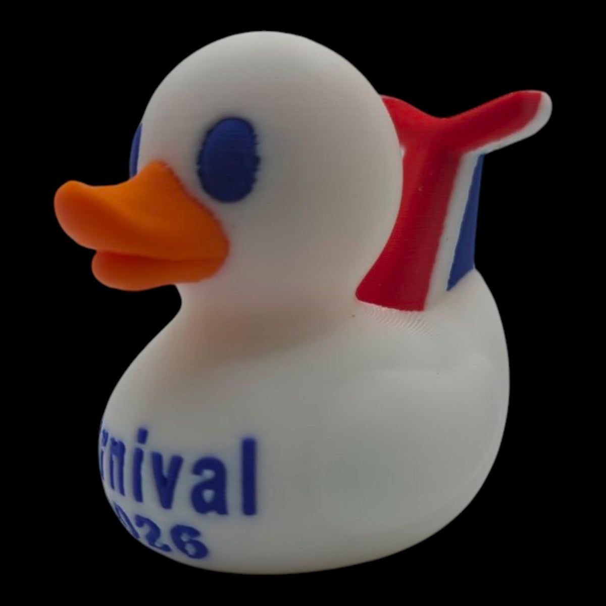 Front view of a white 3D printed cruise duck with blue eyes, an orange beak and Carnival lettering. - JM Designs