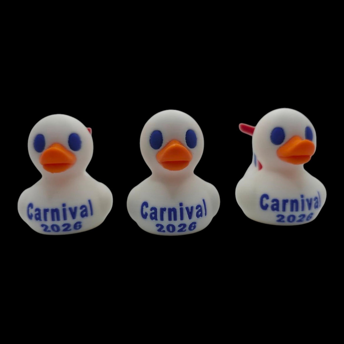 Three front angles of a white Carnival-inspired 3D printed duck with blue eyes and an orange beak. - JM Designs