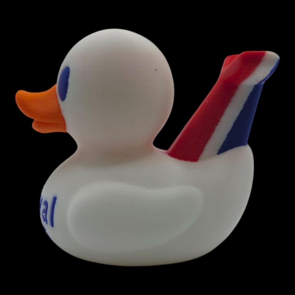 Left-facing angled view of a white Carnival-inspired cruise duck with a raised red-and-blue whale tail. - JM Designs
