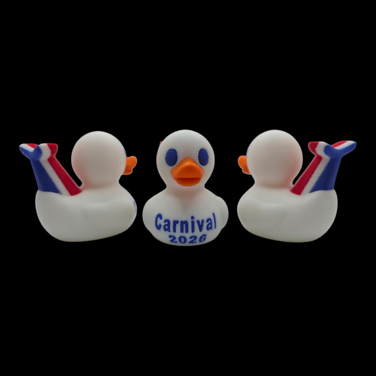 Three views of a white Carnival-inspired duck showing its front lettering and the blue back of its whale tail.- JM Designs