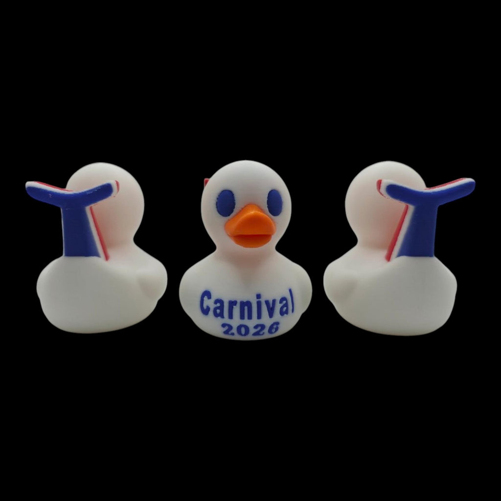 Front view of a white cruise duck between two rear angles, showing Carnival lettering and its whale-tail detail. - JM Designs