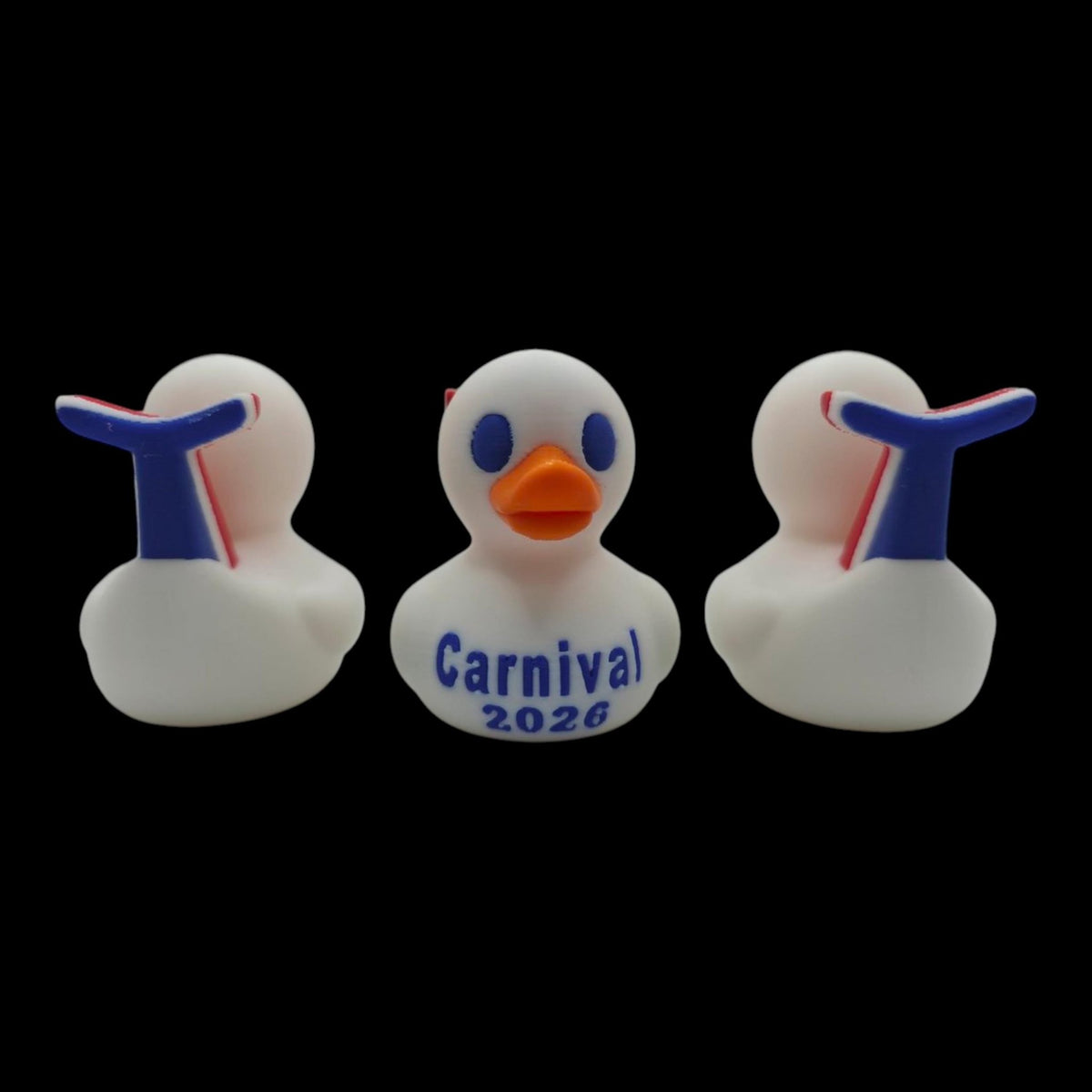 Front view of a white cruise duck between two rear angles, showing Carnival lettering and its whale-tail detail. - JM Designs