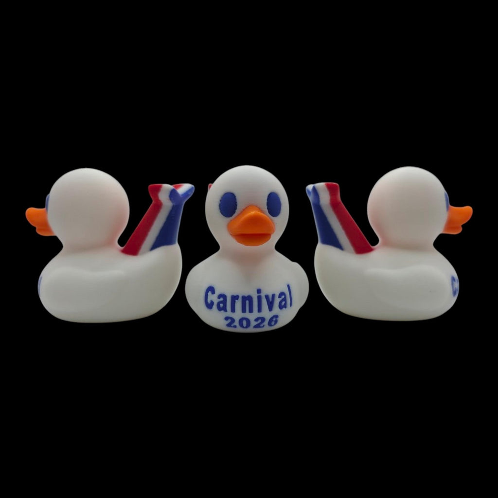 White 3D printed cruise duck shown from three angles, with the front view centered between rear-side views. - JM Designs