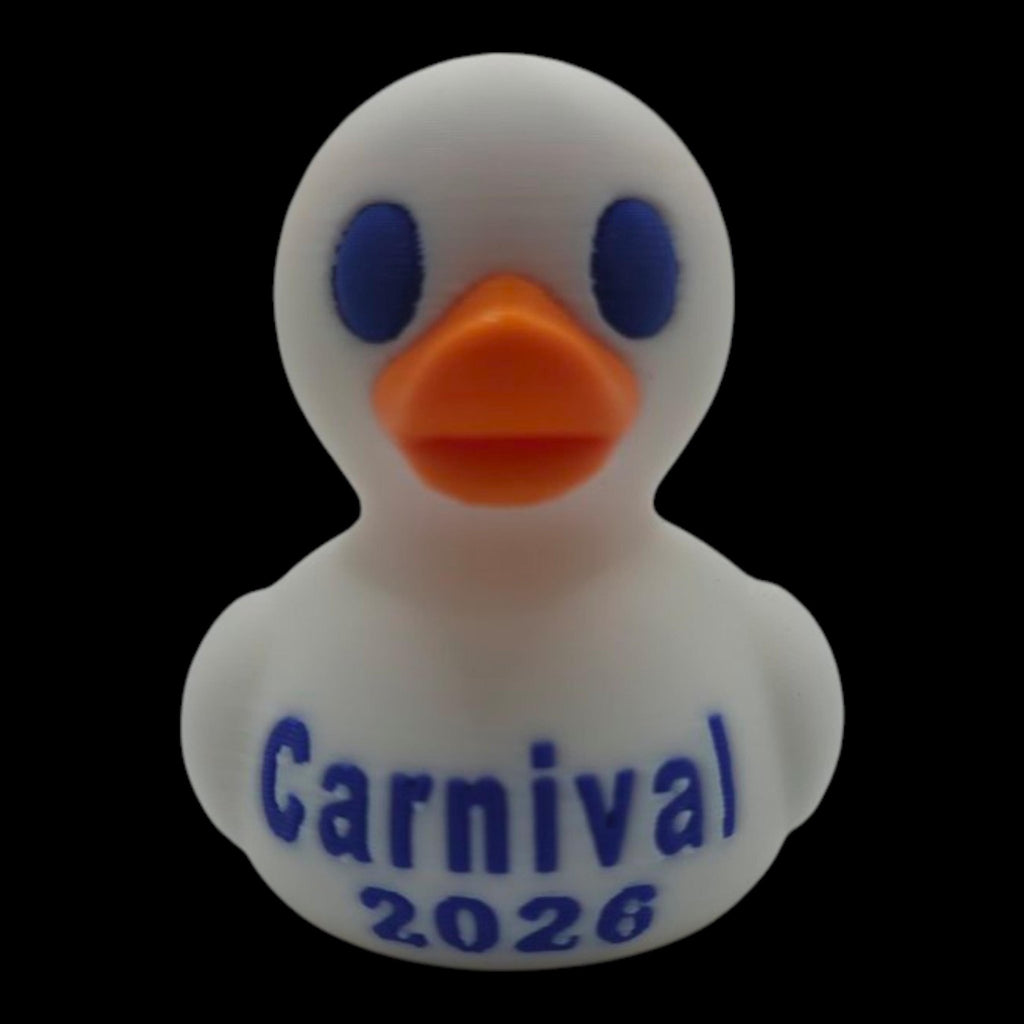 Front view of a white 3D printed cruise duck with blue eyes, an orange beak and Carnival lettering. - JM Designs