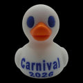 Front view of a white 3D printed cruise duck with blue eyes, an orange beak and Carnival lettering. - JM Designs