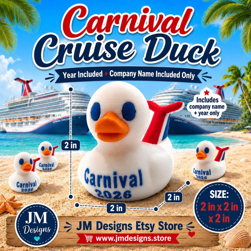 Carnival-inspired 3D printed cruise duck in a beach-themed promotional image with size information. - JM Designs