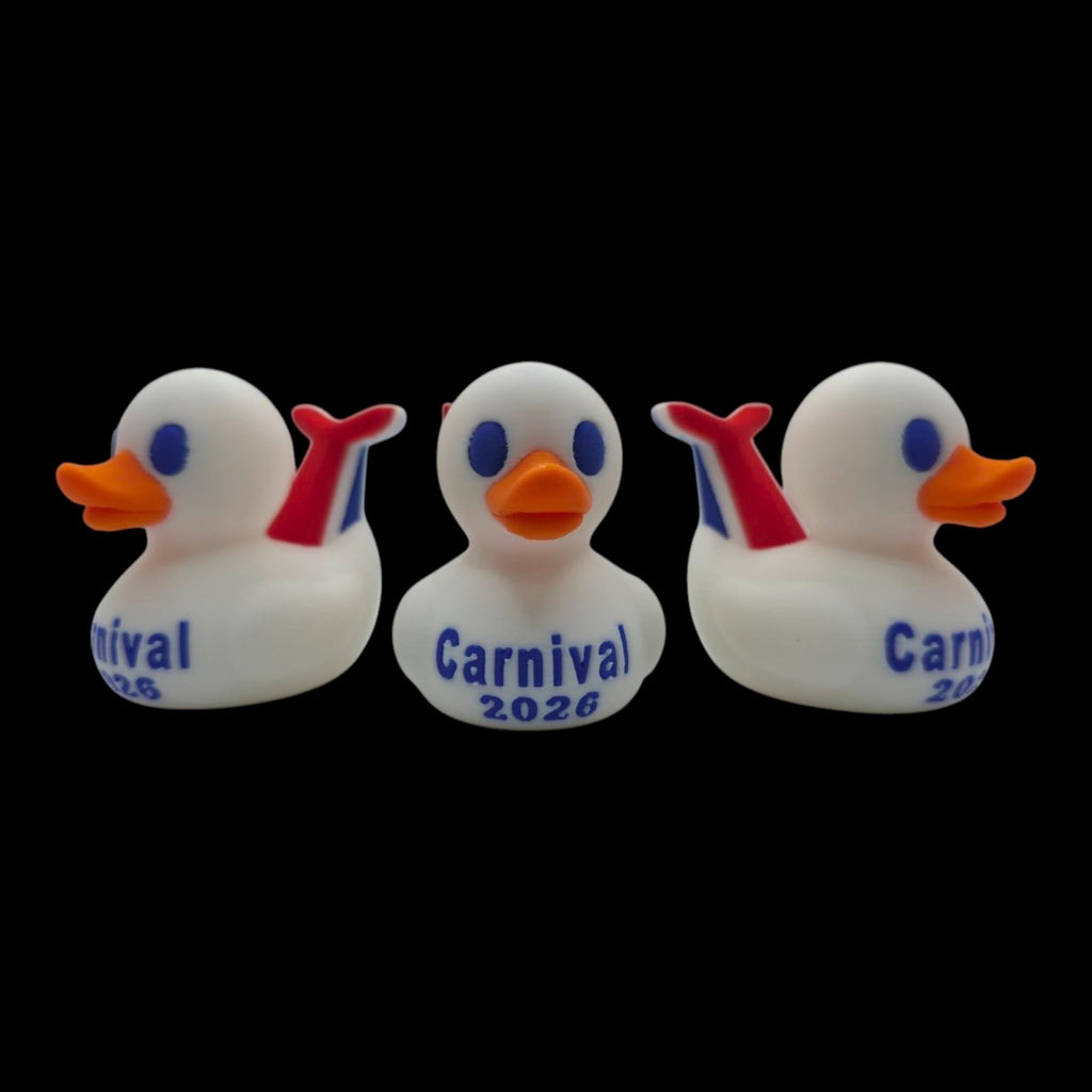 Front view between two outward-facing side profiles of a white Carnival-inspired cruise duck. - JM Designs