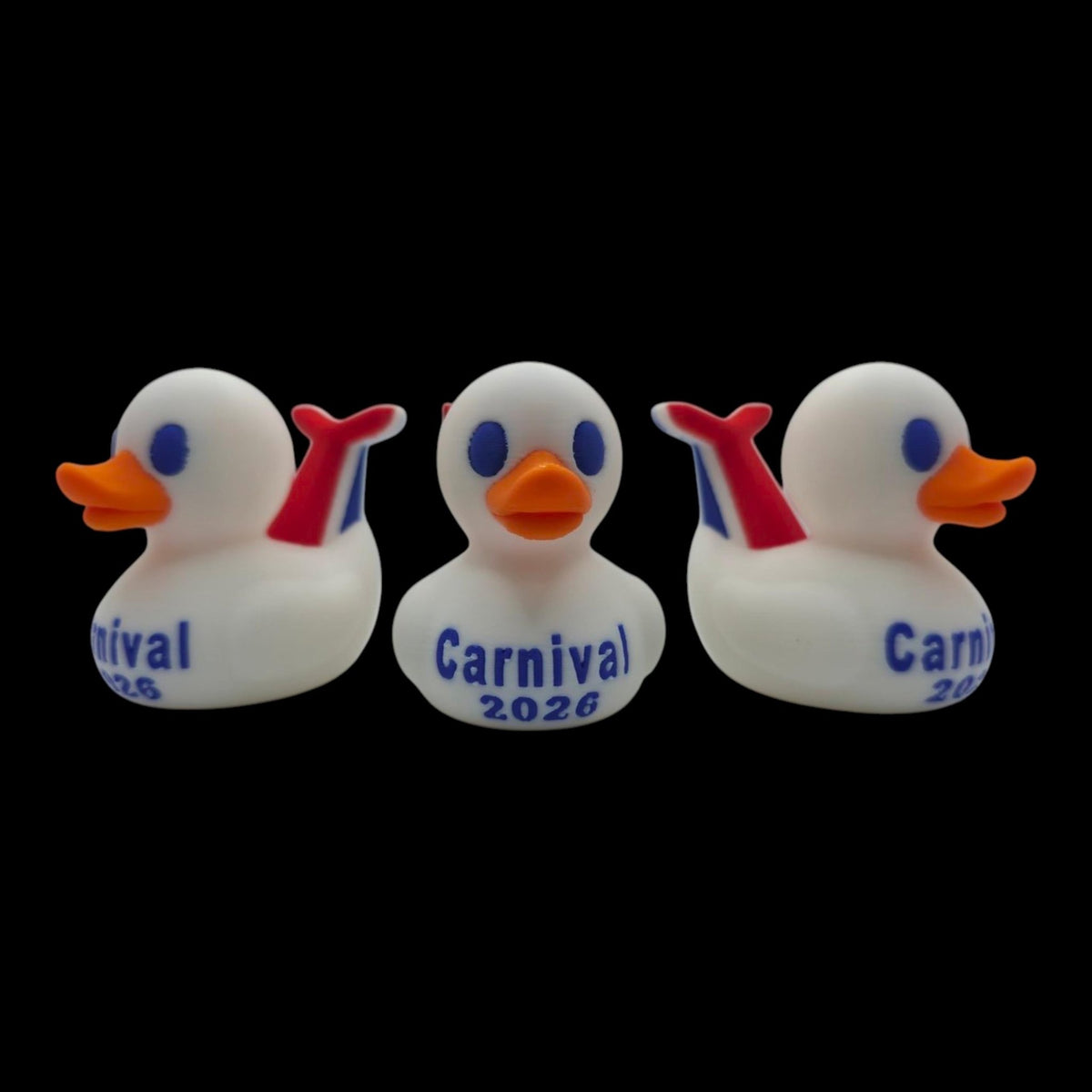 Front view between two outward-facing side profiles of a white Carnival-inspired cruise duck. - JM Designs