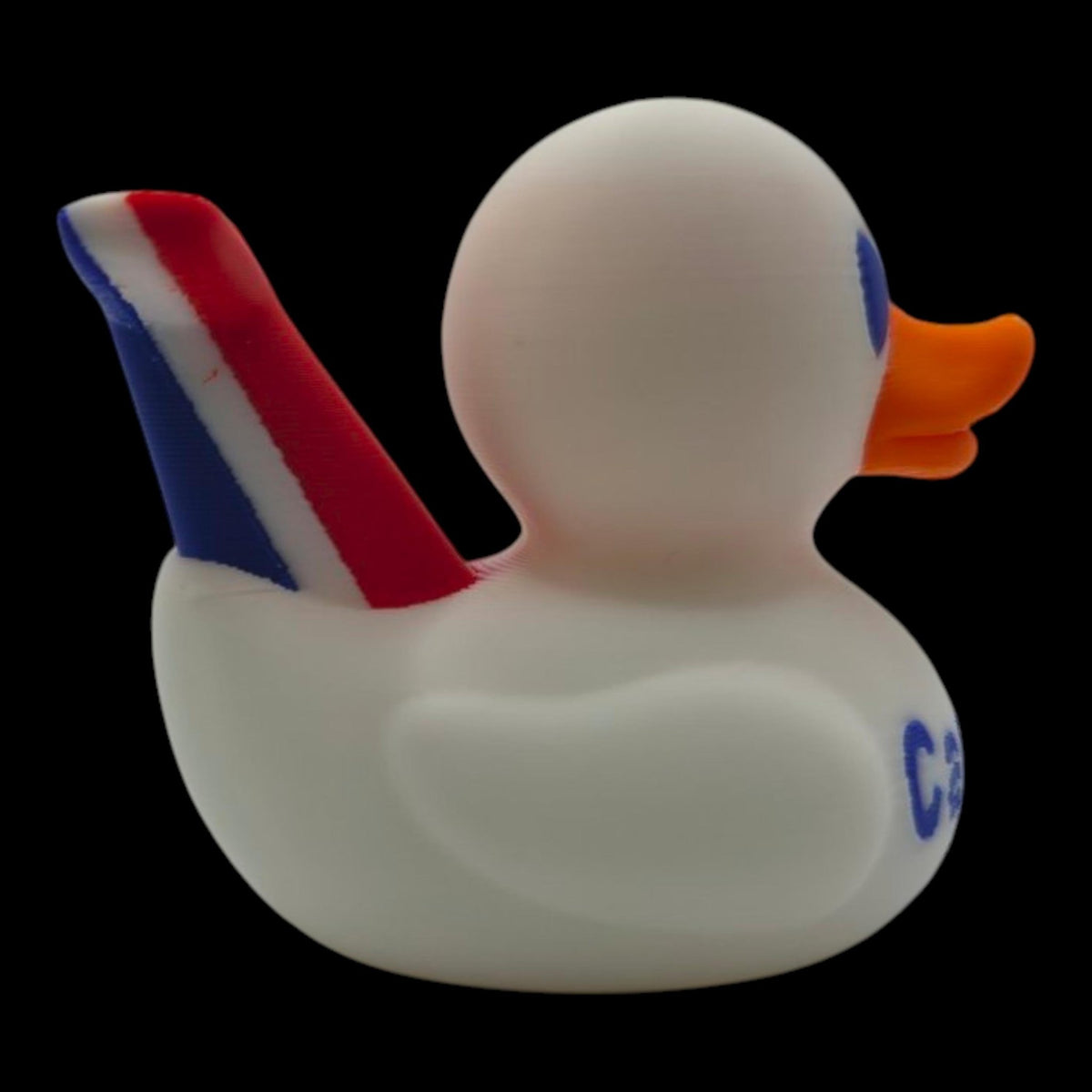 Three views of a white Carnival-inspired duck showing its front lettering and the blue back of its whale tail. - JM Designs