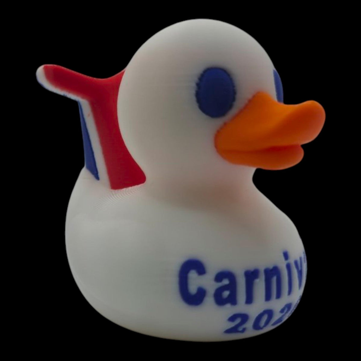 Front and rear-side views of a white 3D printed cruise duck highlighting its raised red-and-blue whale tail. - JM Designs