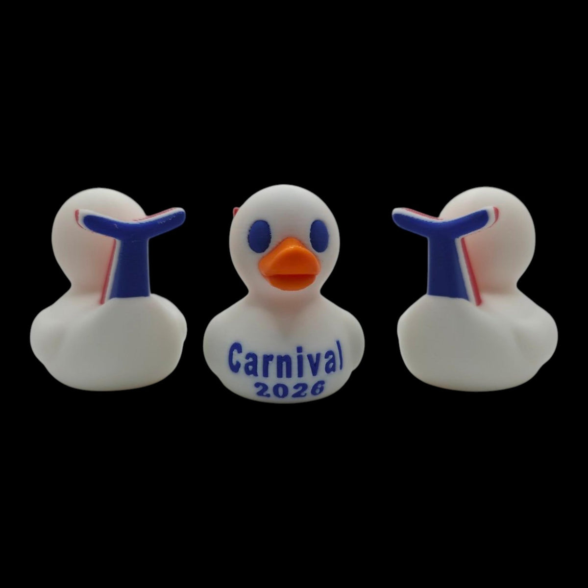 Three views of a white Carnival-inspired duck showing its front lettering and the blue back of its whale tail.- JM Designs