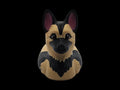 Front view of a black and tan 3D printed German Shepherd duck with upright ears.-JM Designs