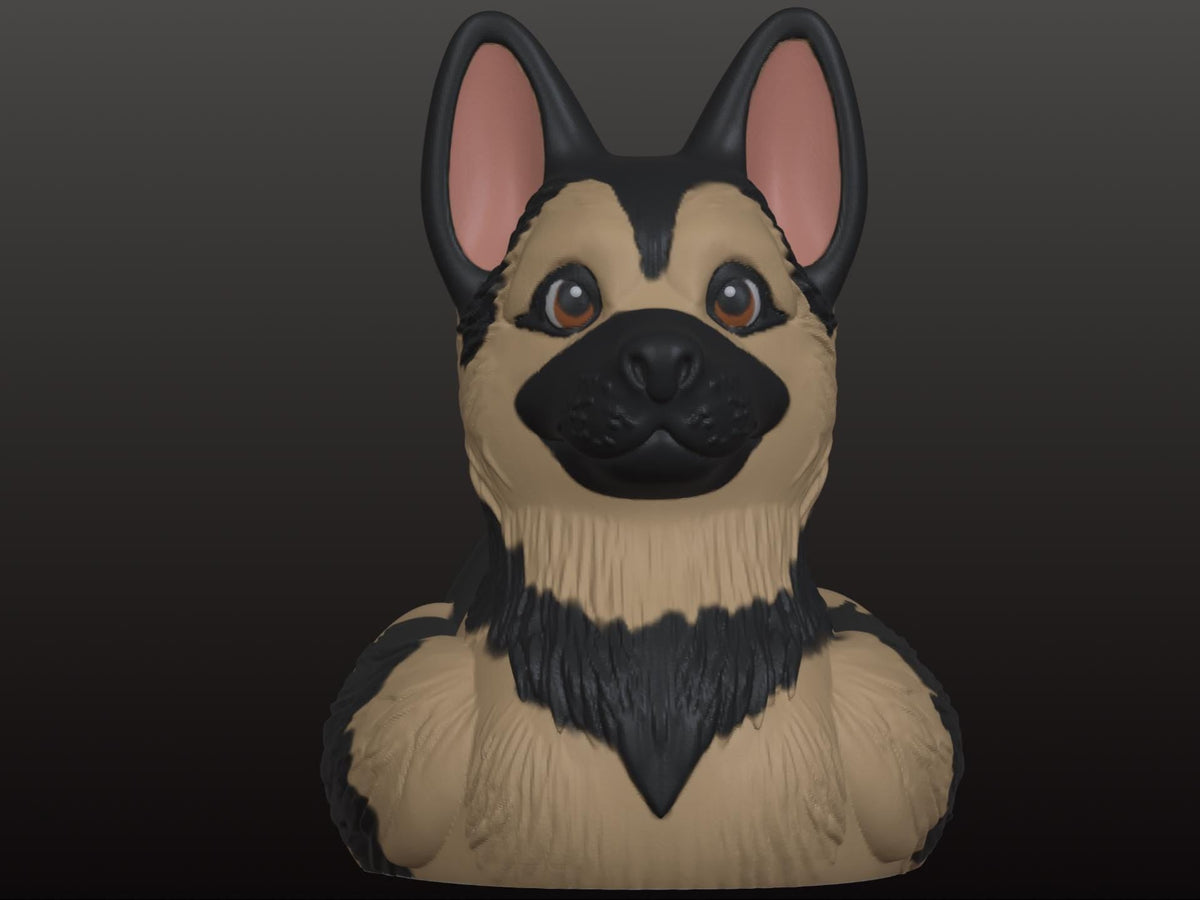 Side view of a black and tan 3D printed German Shepherd duck facing right, showing its profile and tail. - JM Designs