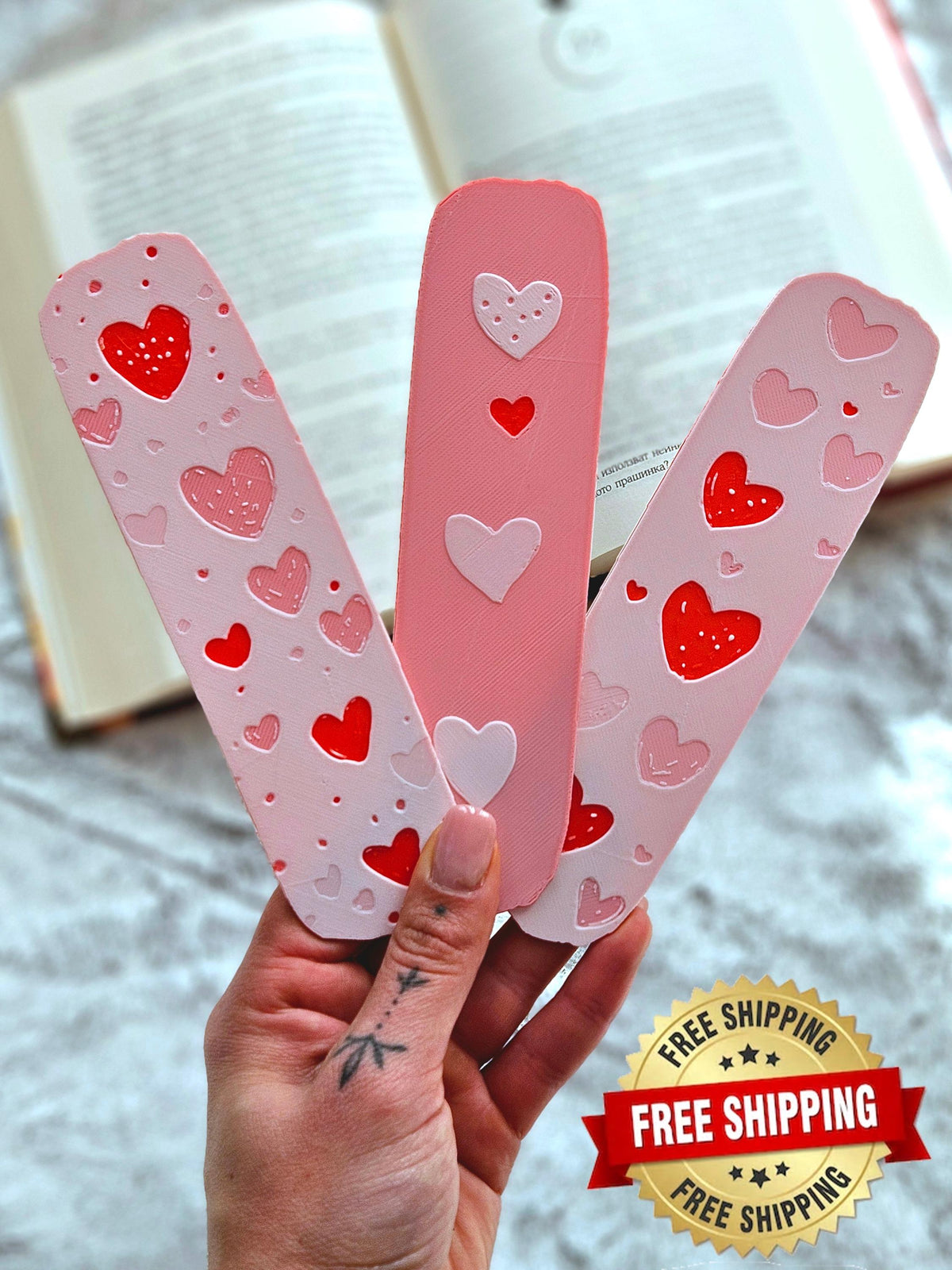 Valentines Day Bookmark Gift Set Pink Heart Collection Book Lover Reading Accessory Three Piece Set Premium PLA Plastic Construction Embossed Heart Design Perfect Reader Gift Beautiful Pink Shades Valentine Present Book Page Marker