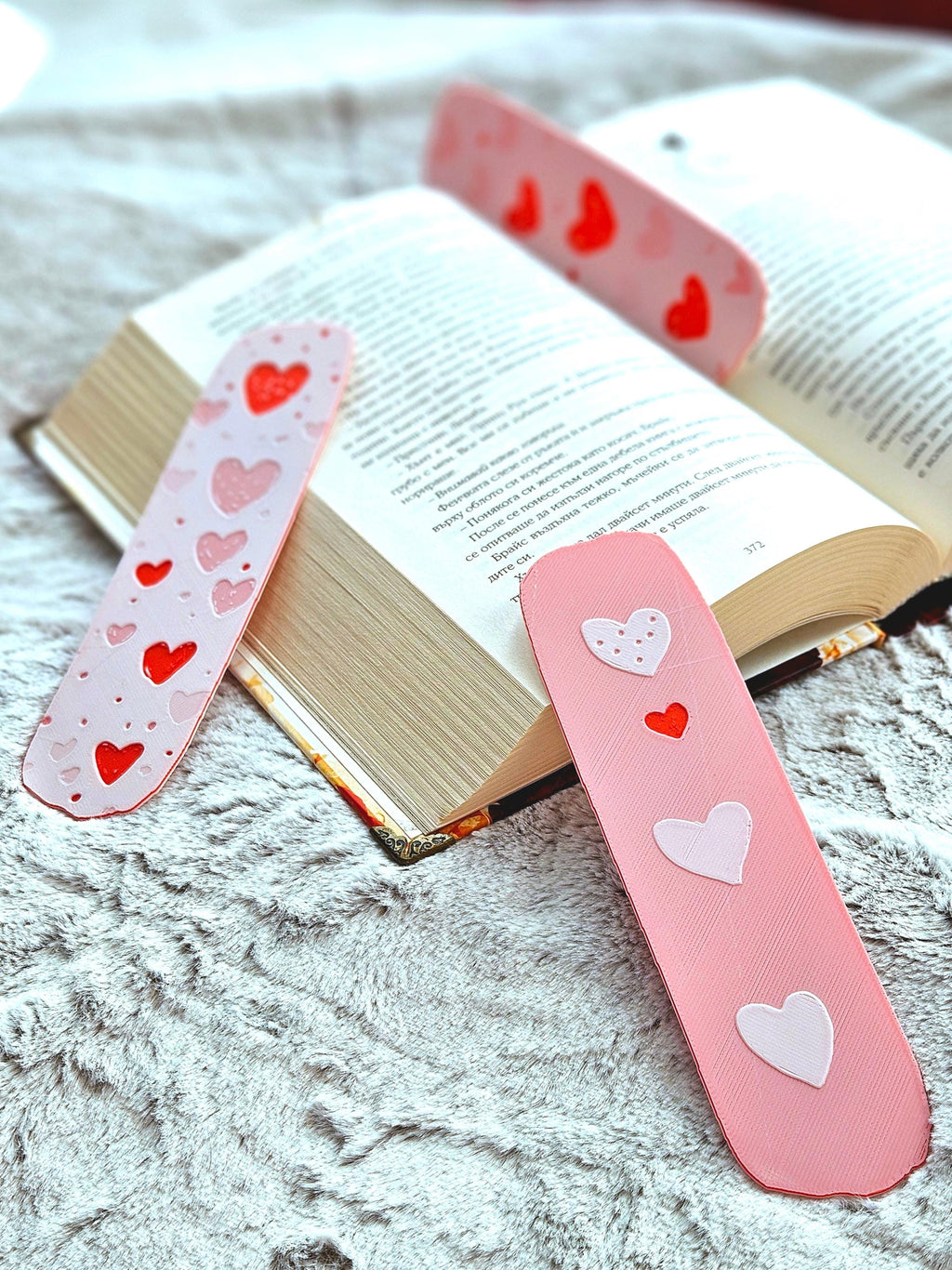 Valentines Day Bookmark Gift Set Pink Heart Collection Book Lover Reading Accessory Three Piece Set Premium PLA Plastic Construction Embossed Heart Design Perfect Reader Gift Beautiful Pink Shades Valentine Present Book Page Marker