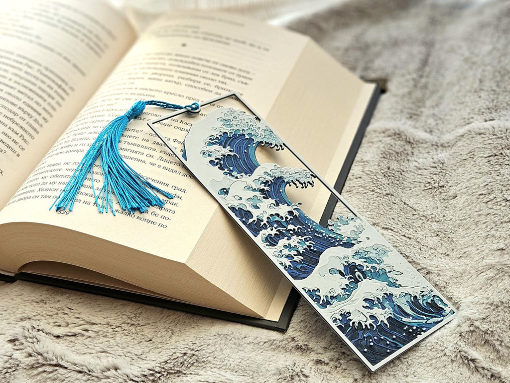 Decorative Book Marker Japanese Art Collection Great Wave Pattern Premium Reading Accessory White Design Accent Blue Tassel Detail Perfect Book Lover Gift Beautiful Study Space Essential Classic Print Pattern Library Collection Reading Gift