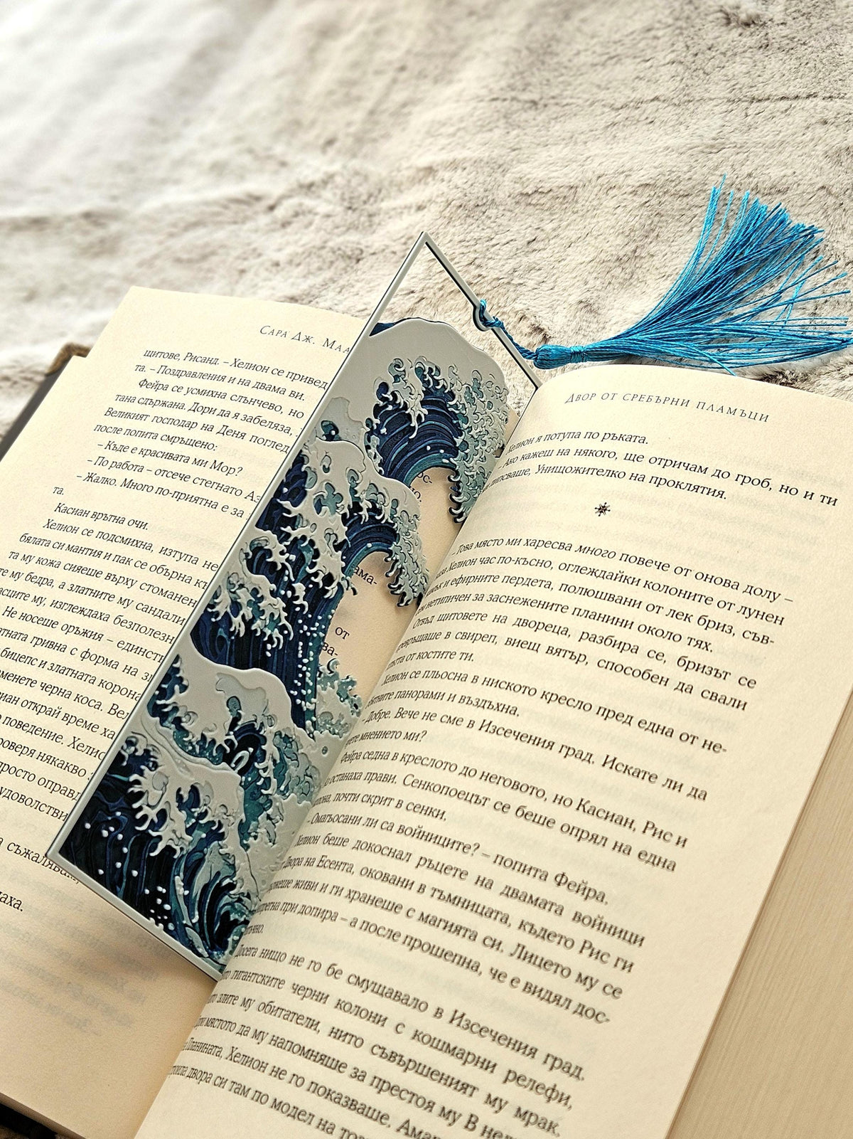White Bookmark Collection Japanese Art Design Great Wave Pattern Premium Reading Accessory Decorative Book Marker Blue Tassel Accent Perfect Gift Idea Beautiful Study Space Addition Classic Print Essential Library Decor Reading Collection