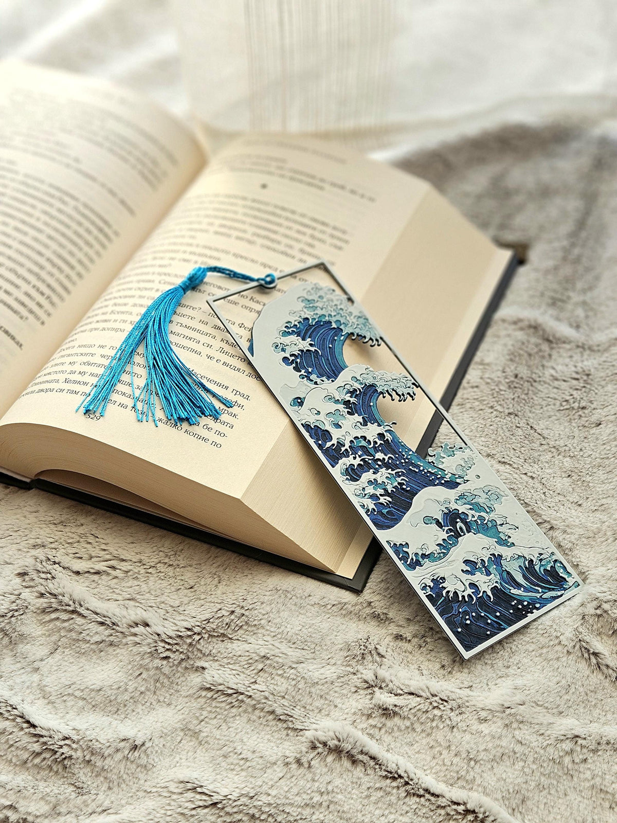 Great Wave Bookmark Japanese Design Collection Premium Book Marker Reading Accessory White Art Pattern Decorative Tassel Detail Perfect Book Lover Gift Beautiful Study Space Addition Classic Japanese Print Essential Reading Collection