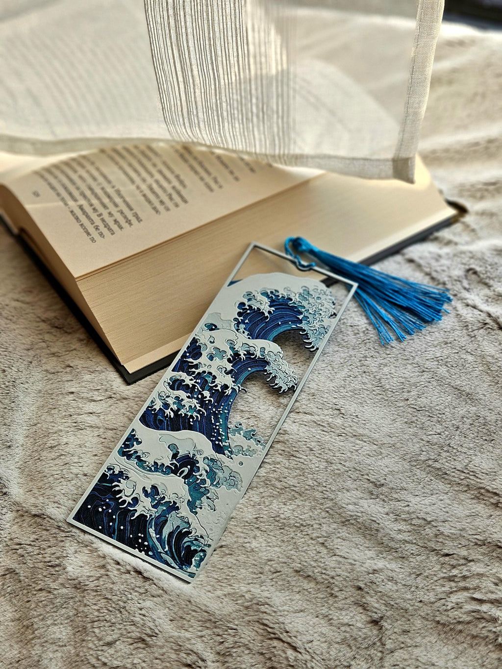 Great Wave Bookmark Japanese Design Collection Premium Book Marker Reading Accessory White Art Pattern Decorative Tassel Detail Perfect Book Lover Gift Beautiful Study Space Addition Classic Japanese Print Essential Reading Collection