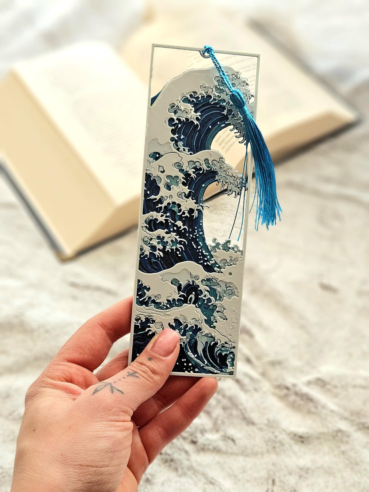 Decorative Book Marker Japanese Art Collection Great Wave Pattern Premium Reading Accessory White Design Accent Blue Tassel Detail Perfect Book Lover Gift Beautiful Study Space Essential Classic Print Pattern Library Collection Reading Gift