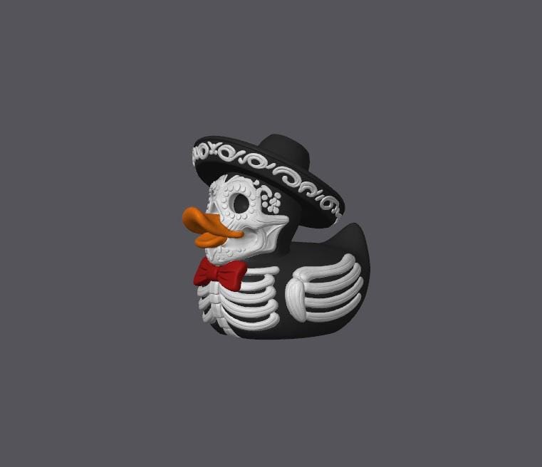 Custom Halloween Duck Mariachi Style Design Skeleton Pattern Details Black Sombrero Accent Silver Trim Elements Red Bow Tie Feature Three D Printed Construction Waterproof Material Unique Display Piece Perfect Gift Item Special Occasion