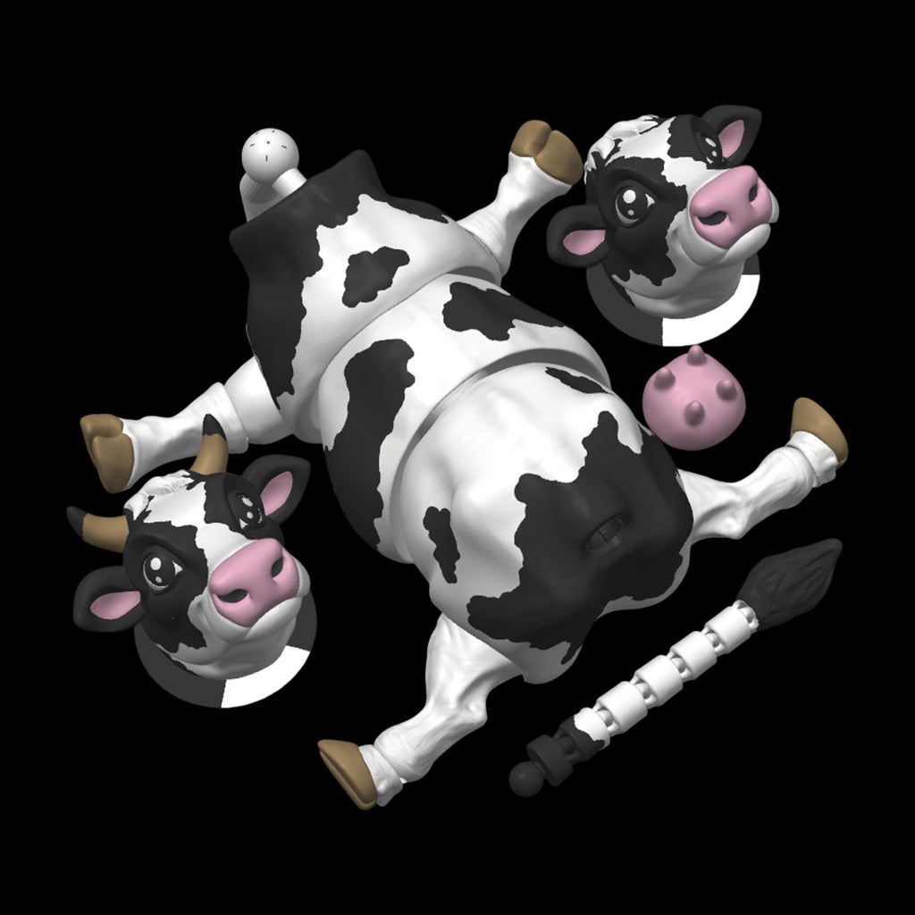 3D Printed Cow Figurine Articulated Design Movable Joints Black White Holstein Pattern Farm Animal Collection