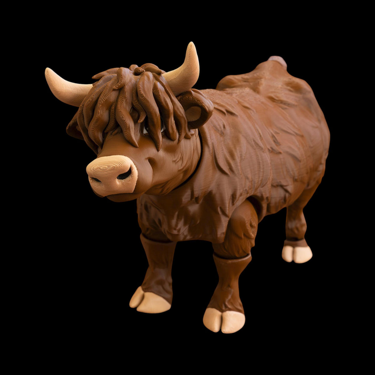 Articulating Highland Cow Figure Flexible Poseable Design Farm Animal Figurine Desk Accessory Office Display Decoration PLA Filament 3D Printed Model Four Inches Tall Multiple Color Options Available Desktop Companion Fidget Toy Stress