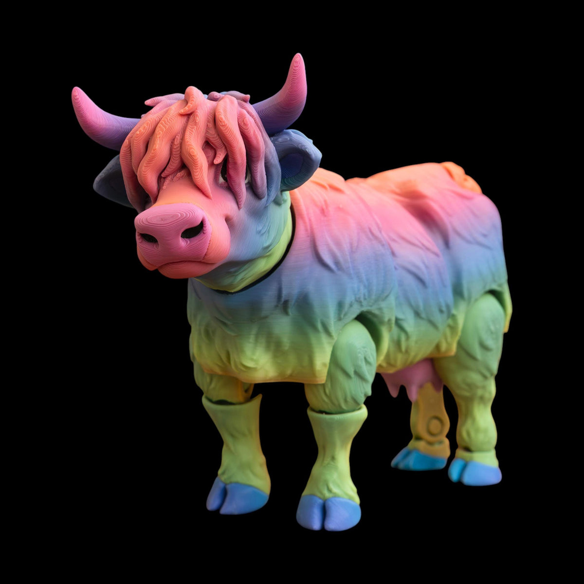 Farm Animal Collection Highland Cow Figurine Desk Accessory Display Piece Articulating Design Flexible Poseable Figure Toy PLA Filament 3D Printed Model Four Inches Tall Multiple Colors Available Desktop Decoration Office Companion Unique