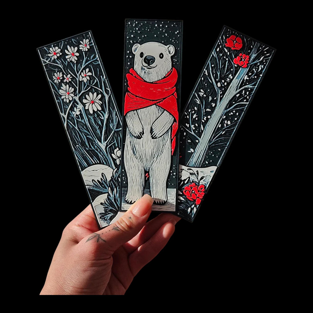 Winter Bookmark Set Polar Bear Design Snowy Trees Pattern Winter Flowers Artwork Dark Background Contrast Red White Black Elements Reading Page Marker Book Lovers Gift Holiday Season Accessory Premium PLA Material Three Piece Collection 3D