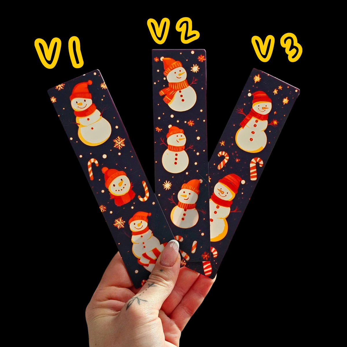 Holiday Gift Reader Christmas Snowman Bookmark Winter Reading Accessory Set Three Pack Book Lover Present Idea Festive Page Marker 3D Printed Design Premium Filament Dark Blue Background Red Hat Scarves Candy Canes Snowflakes Decoration