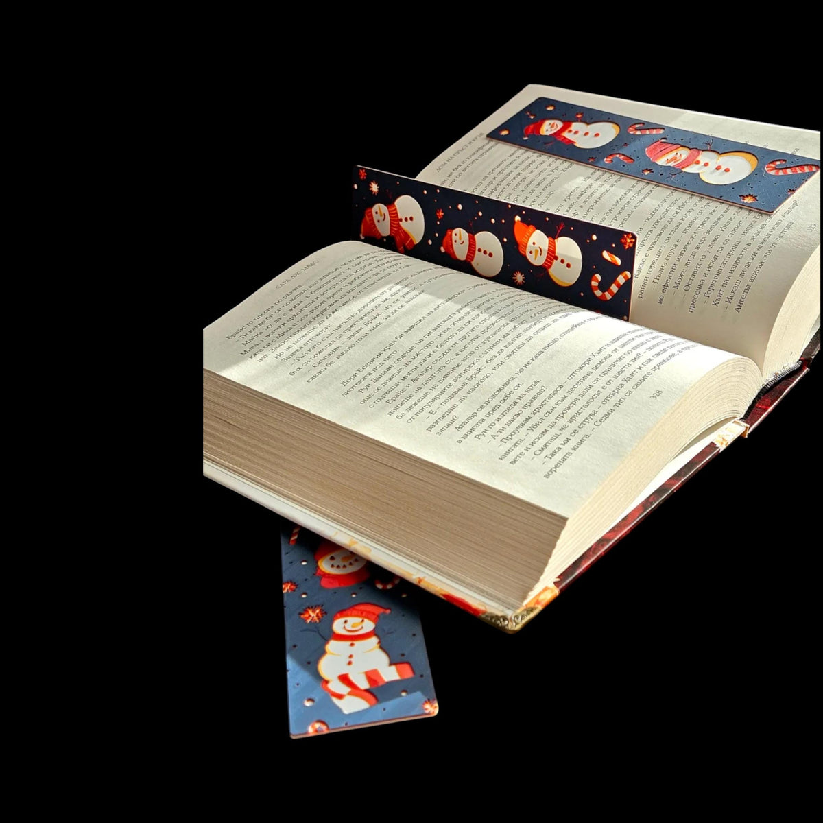 Snowman Winter Design Christmas Bookmark Reading Accessory Holiday Gift Set Three Pack Book Lover Present 3D Printed Creation Premium Filament Dark Blue Background Festive Page Marker Red Hat Scarves Candy Canes Snowflakes Decoration