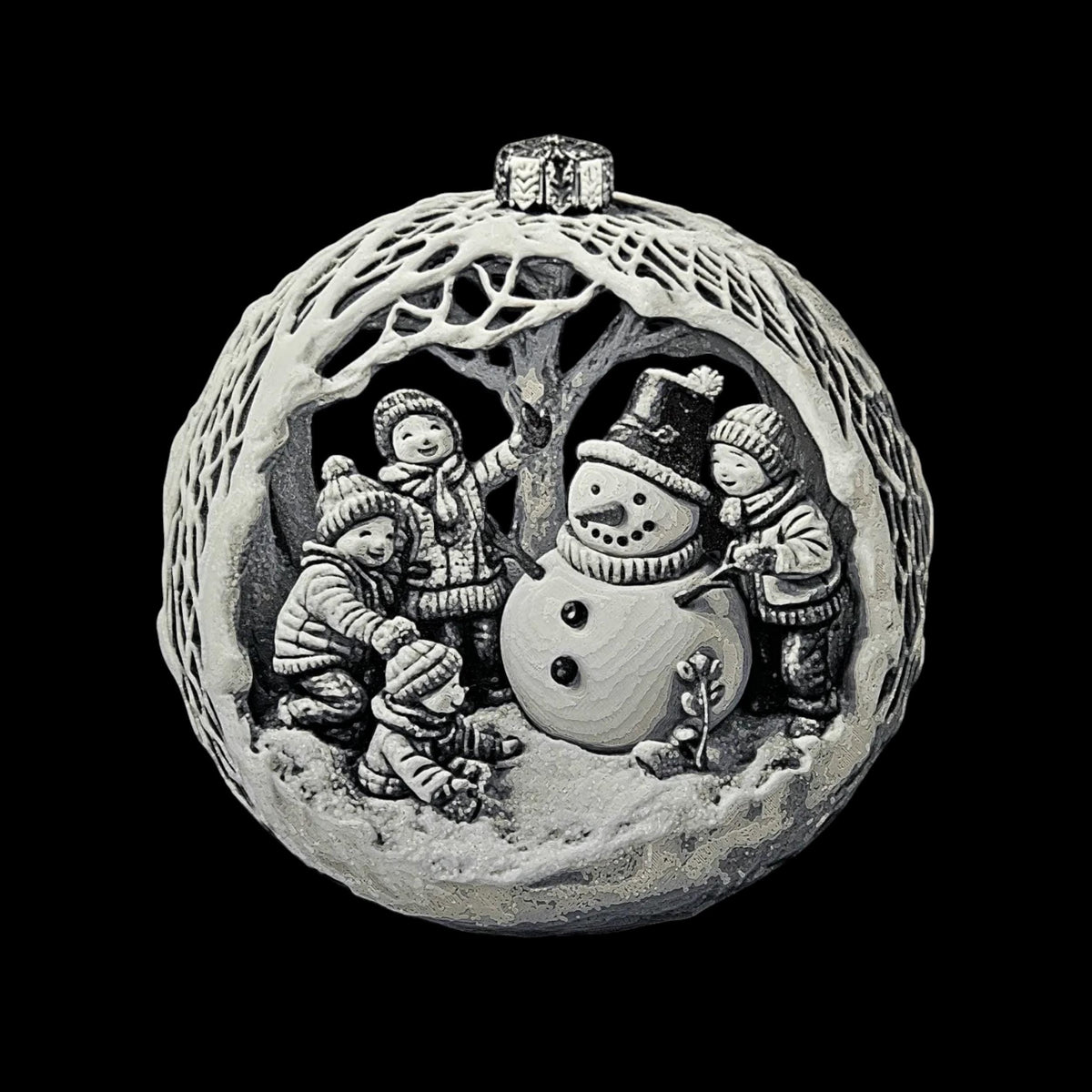 Children Building Snowman Scene Winter Holiday Memory Nostalgic Christmas Ornament Relief Design Round Bauble Tree Decoration Festive Winter Display Childhood Memory Keepsake Holiday Tradition Family Christmas Gift Premium Quality