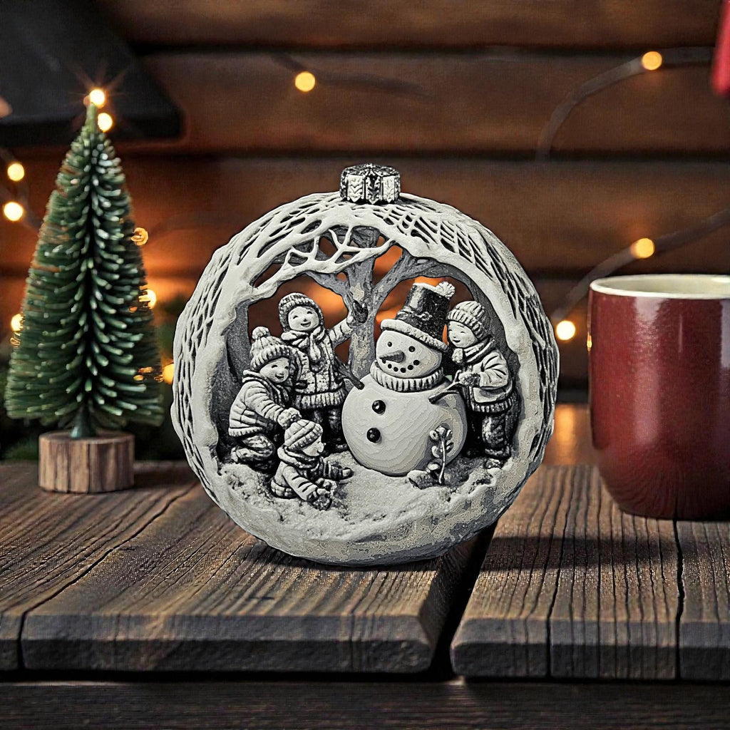 Holiday Gift Ornament Christmas Snowman Scene Winter Memory Keepsake Relief Design Round Bauble Tree Hanging Decoration Festive Season Display Children Building Snowman Memory Traditional Christmas Decor Premium Quality Construction
