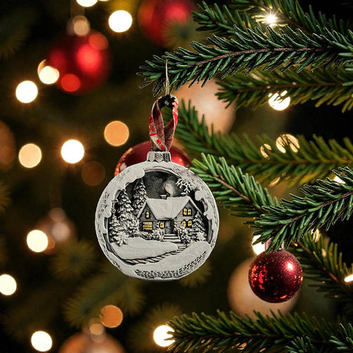Christmas Village Ornament Winter Scene Snow Landscape Holiday Decoration Tree Bauble Mountain Cottage Illuminated Windows Pine Trees Festive Display Traditional Design Hanging Decoration Seasonal Decor Premium Quality 3D Printed Gift Red