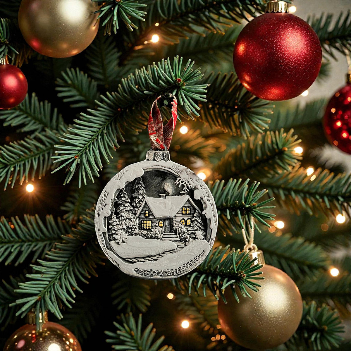 Holiday Decoration Ornament Christmas Village Scene Winter Landscape Mountain Cottage Display Illuminated Windows Pine Trees Snow Covered Design Tree Bauble Hanging Decoration Festive Season Collection Traditional Christmas Decor Premium
