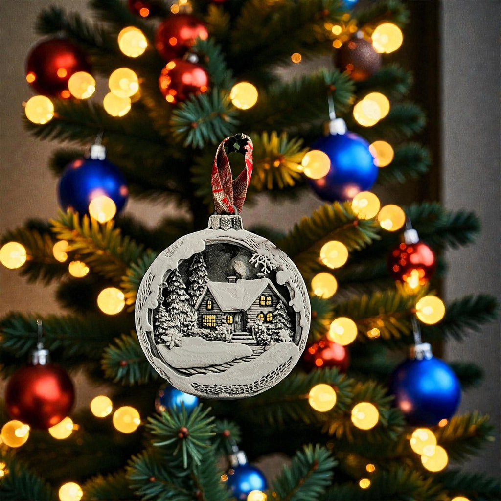 christmas village ornament, ornament winter scene, scene snow landscape, landscape holiday decoration, decoration christmas tree, tree holiday bauble, bauble mountain cottage, cottage christmas decoration, decoration illuminated windows, windows pine tree, tree christmas gift, gift holiday keepsake