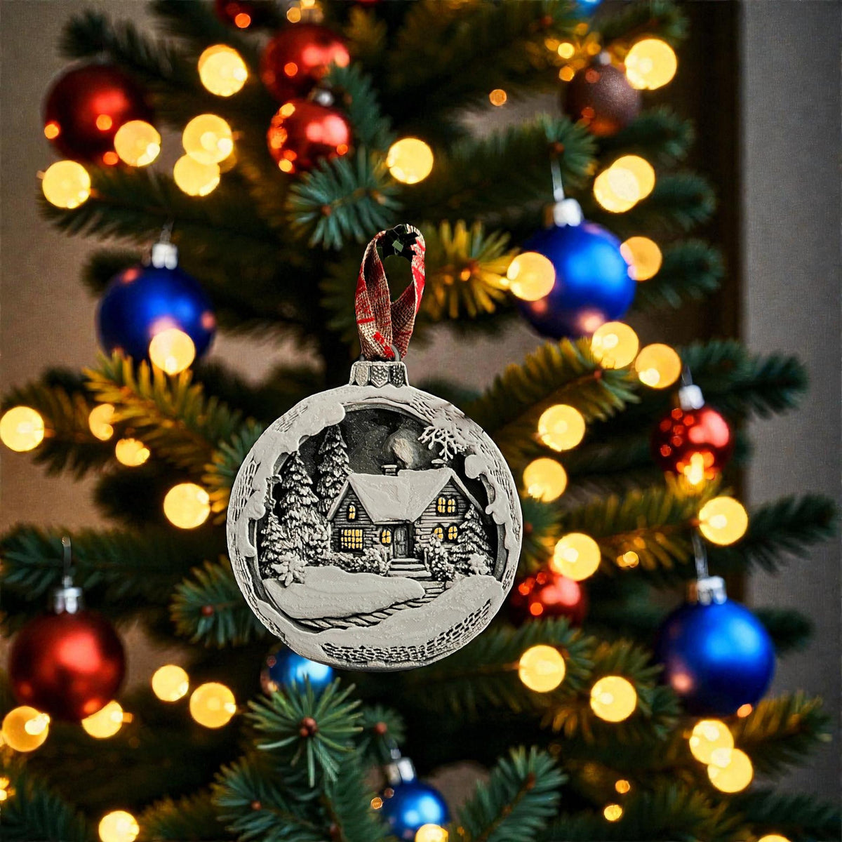 christmas village ornament, ornament winter scene, scene snow landscape, landscape holiday decoration, decoration christmas tree, tree holiday bauble, bauble mountain cottage, cottage christmas decoration, decoration illuminated windows, windows pine tree, tree christmas gift, gift holiday keepsake