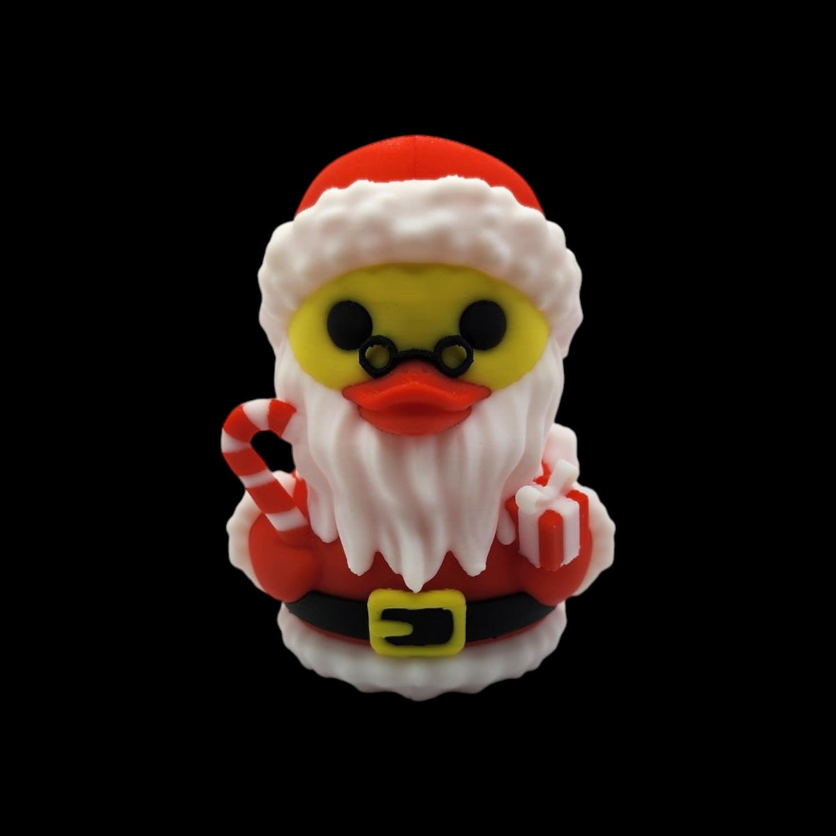 Christmas Duck Figurine Santa Decoration Holiday Ornament Festive Display Yellow Duck Body Red Hat White Beard Black Belt Candy Cane Gift Holder Perfect Christmas Present Novelty Item Desk Accessory Office Decoration Winter Holiday