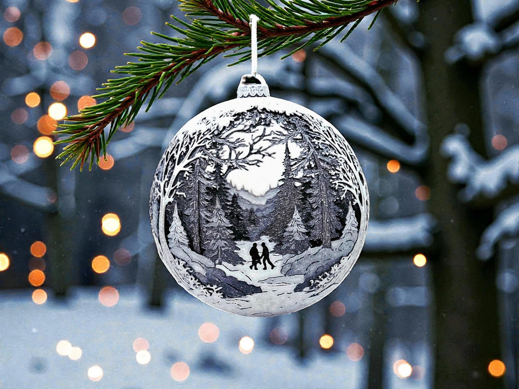 D Printed Ornament Christmas Hand in Hand Scene Winter Landscape Mountain Cottage Design Illuminated Windows Pine Trees Snow Covered Display Holiday Tree Decoration Festive Season Bauble Premium Quality Material Red Ribbon Hanging Ornament