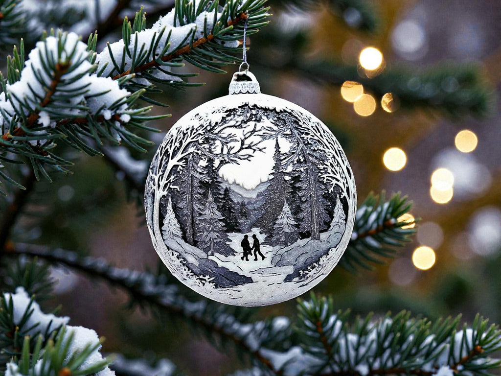 christmas Hand in Hand ornament, ornament winter scene, scene snow landscape, landscape holiday decoration, decoration christmas tree, tree holiday bauble, bauble mountain cottage, cottage christmas decoration, decoration illuminated windows, windows pine tree, tree christmas gift, gift holiday keepsake