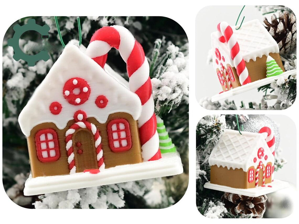 Gingerbread House Ornament Christmas Tree Decoration Display Santa Holiday Tabletop Decor Accent Winter Traditional Miniature Festive Candy Design 3D Printed PLA Premium Filament Brown Base Red White Candy Cane Accents Hanging Decoration