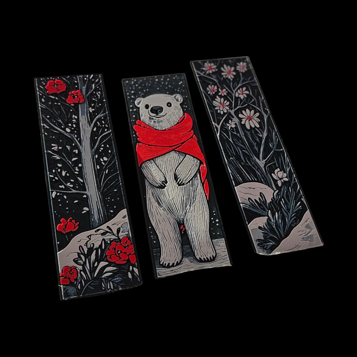 Reading Page Marker Winter Themed Set Polar Bear Design Bookmark Collection Book Lovers Accessory Holiday Reading Companion Seasonal Page Holder Premium PLA Material Durable Construction Winter Flowers Pattern Snowy Trees Design Three Piece
