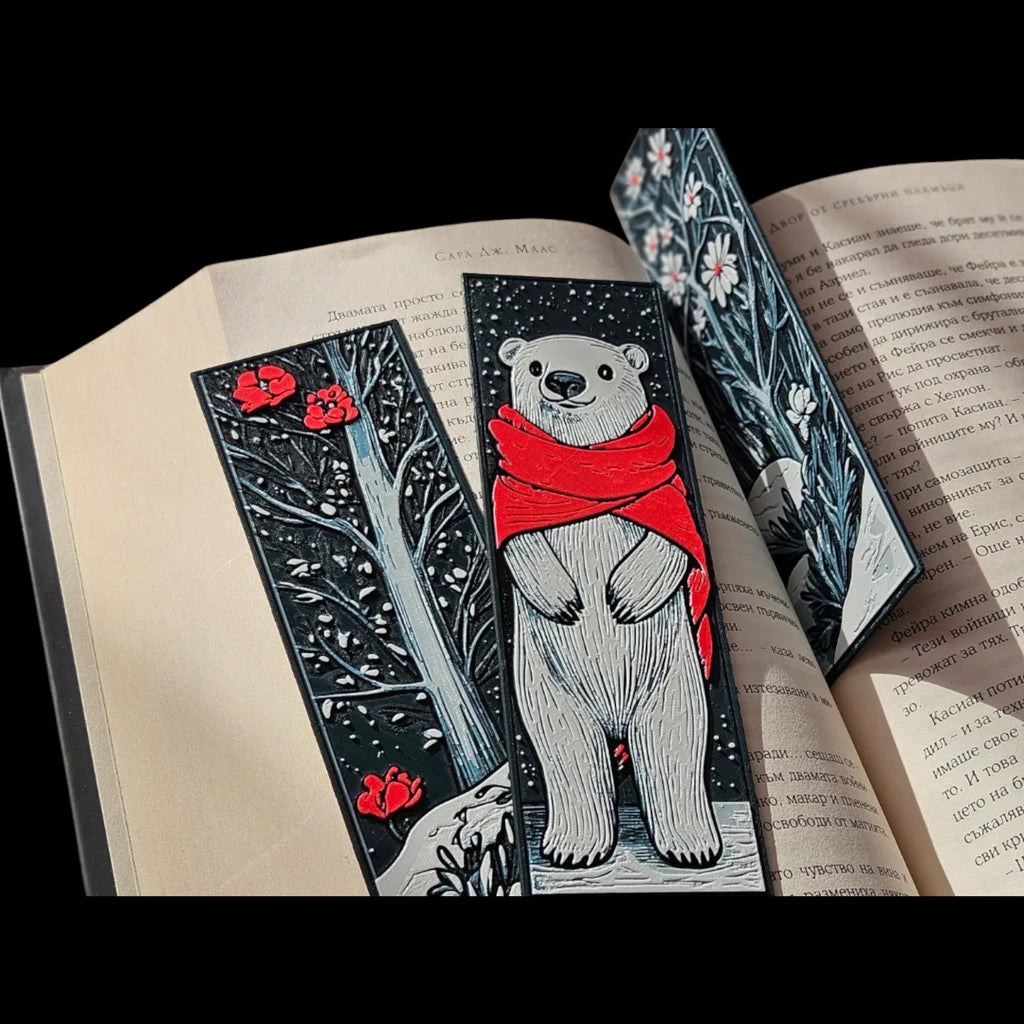 3D Printed Bookmarks Winter Collection Polar Bear Design Premium PLA Material Layered Texture Finish Reading Accessory Set Book Page Marker Winter Theme Decoration Holiday Season Gift Three Piece Collection Unique Designs Snowy Trees