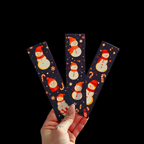 Christmas Snowman Bookmark Winter Reading Accessory Holiday Gift Set Three Pack Book Lover Present 3D Printed Design Premium Filament Dark Blue Background Festive Page Marker Red Hat Scarves Candy Canes Snowflakes Decoration Christmas