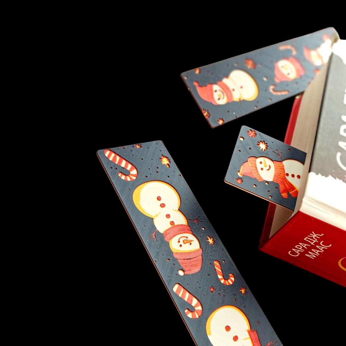 Reading Accessory Christmas Snowman Bookmark Winter Holiday Gift Set Three Pack Book Lover Present Idea 3D Printed Design Premium Filament Dark Blue Background Festive Page Marker Red Hat Scarves Candy Canes Snowflakes Decoration Christmas
